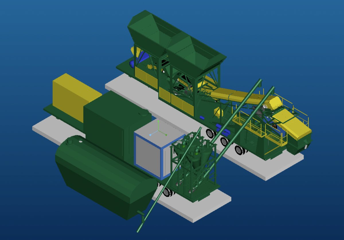 3D drawing of the Fabremasa mobile plant for cold mix asphalt, soil-cement and concrete, on two platforms and a horizontal silo